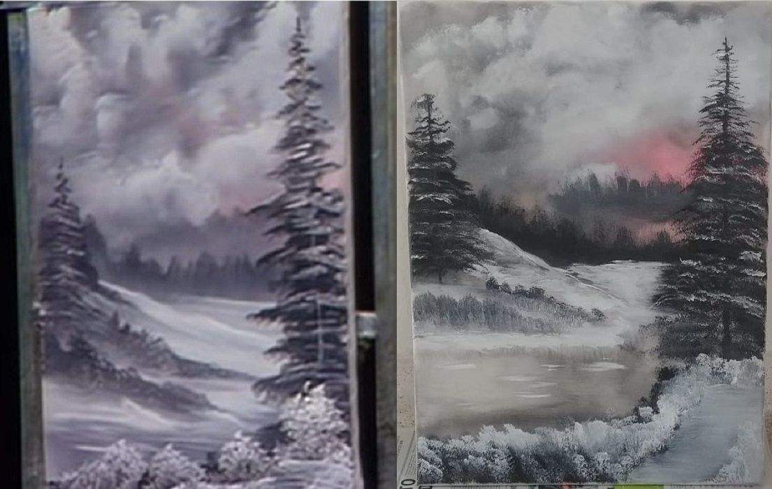 Grey Winter: Bob on left and me on right. Your paintings won&rsquo;t always look like Bob&rsquo;s.